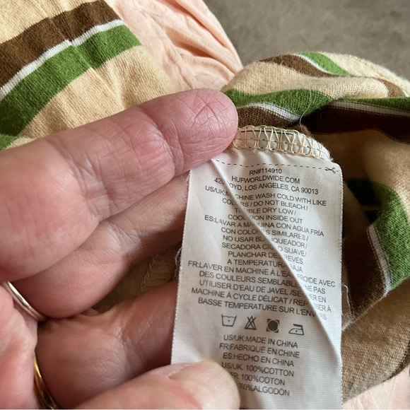 Huf Worldwide T Shirt Size Sm Short Sleeve Stripe Tan Brown Green White - Picture 5 of 7